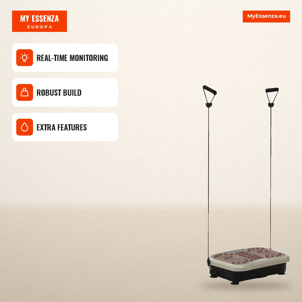 Vibration Platform with 2 Resistance Bands for Fitness Training 200 W with Remote Control and 120 kg Load — Infografia EN (em uso)