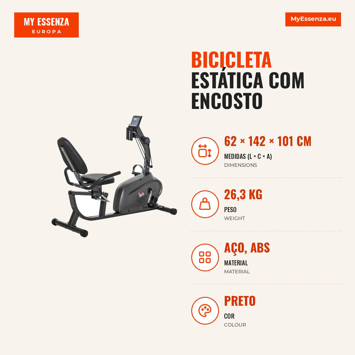 Reclined Exercise Bike with Backrest 8 Resistance Levels Adjustable Seat LCD Display and Phone Holder for Recovery Train — Infografia PT (medidas)