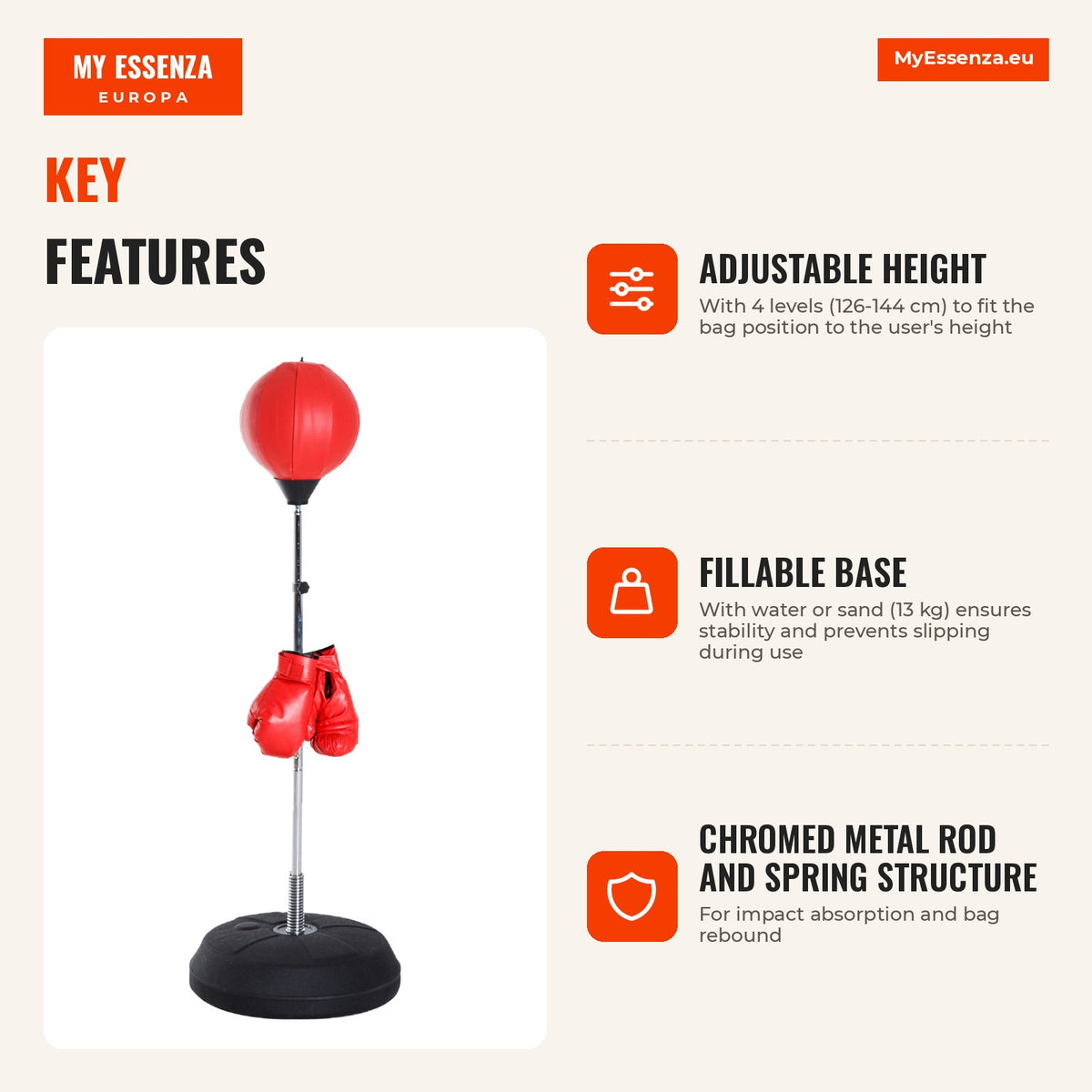 HOMCOM Adjustable Height 126-144 cm Freestanding Punching Bag with Fillable Base and Boxing Gloves for Adults and Teens  — Infografia EN (vantagens)