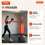 Punching Ball de Boxe com Altura Ajustável com Barra Giratória 360° e Base Preenchida Punching Ball para Boxe 88x48x155- — Infografia PT (em utilização)