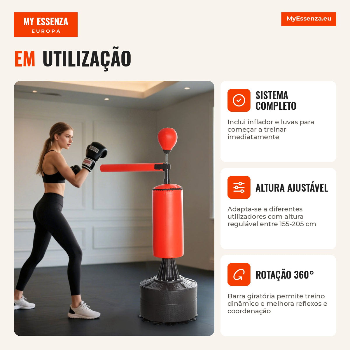 Punching Ball de Boxe com Altura Ajustável com Barra Giratória 360° e Base Preenchida Punching Ball para Boxe 88x48x155- — Infografia PT (em utilização)