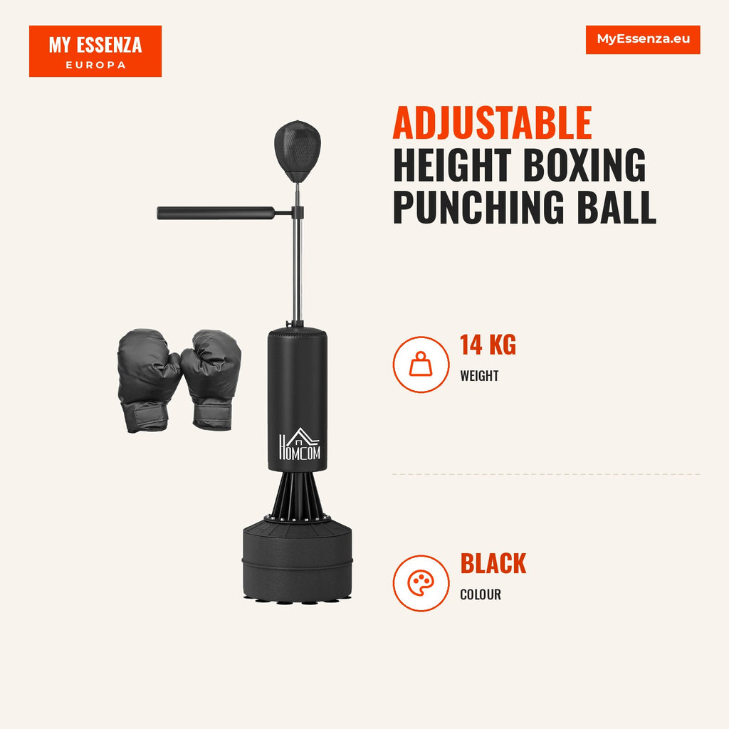Adjustable Height Boxing Punching Ball with 360° Rotating Arm and Filled Base 88x48x155-205 cm Black HOMCOM — Infografia EN (medidas)
