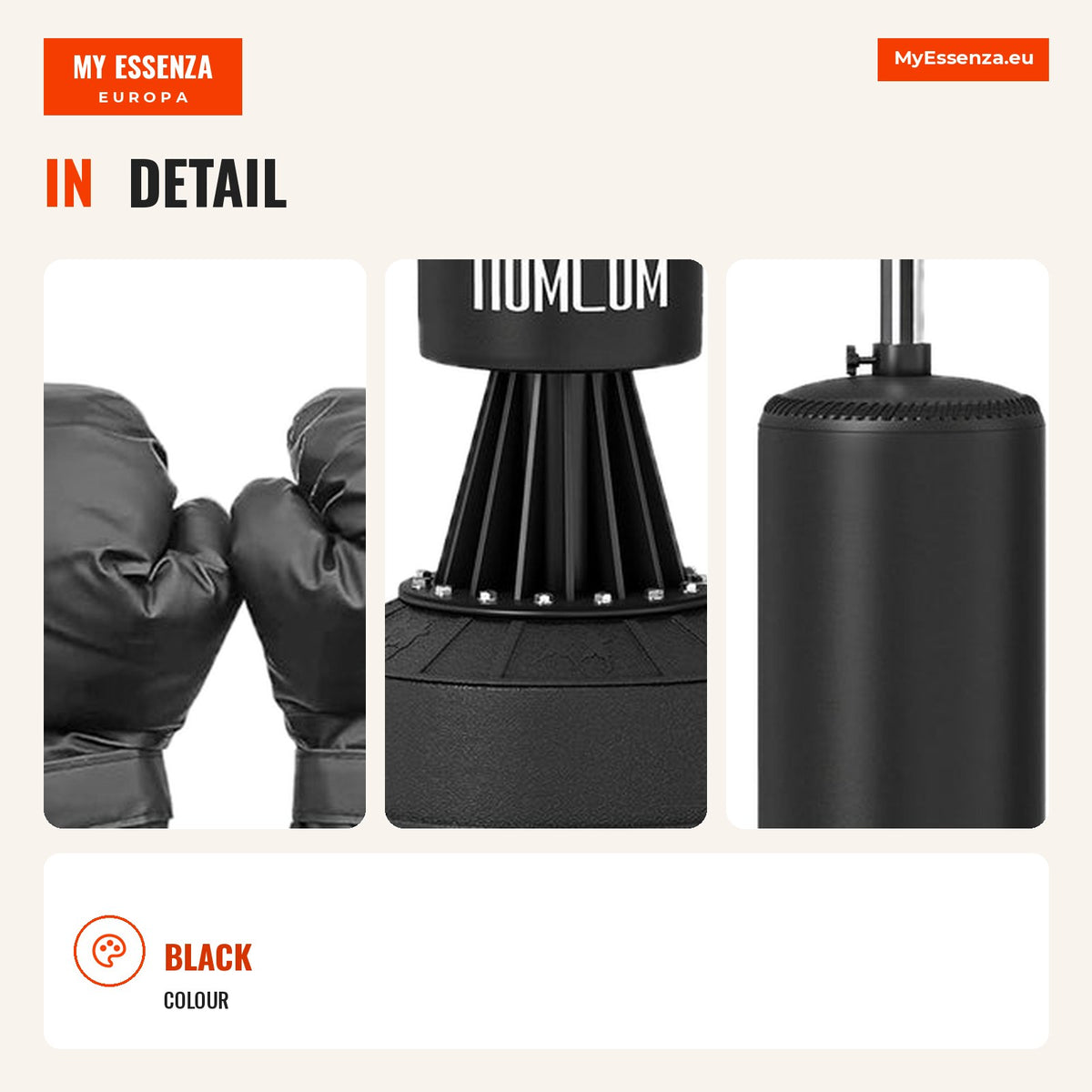 Adjustable Height Boxing Punching Ball with 360° Rotating Arm and Filled Base 88x48x155-205 cm Black HOMCOM — Infografia EN (detalhe)