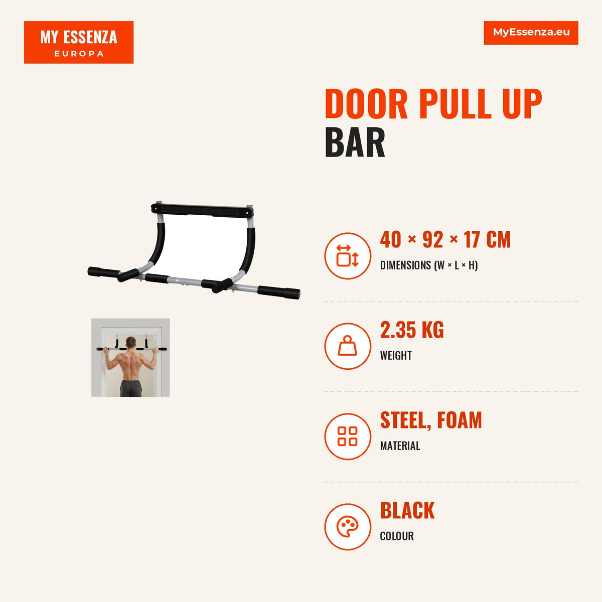 Door Pull Up Bar Pull Up Bar for Home Workout Max Load 110 kg 92x40x17 cm Black — Infografia EN (medidas)