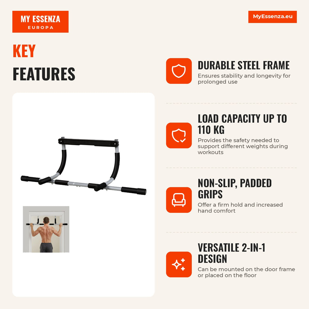 Door Pull Up Bar Pull Up Bar for Home Workout Max Load 110 kg 92x40x17 cm Black — Infografia EN (vantagens)