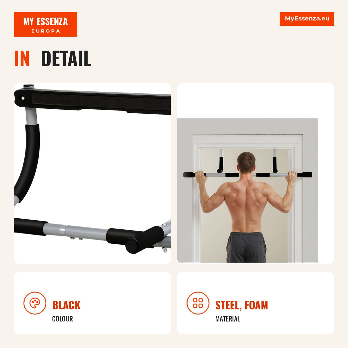 Door Pull Up Bar Pull Up Bar for Home Workout Max Load 110 kg 92x40x17 cm Black — Infografia EN (detalhe)