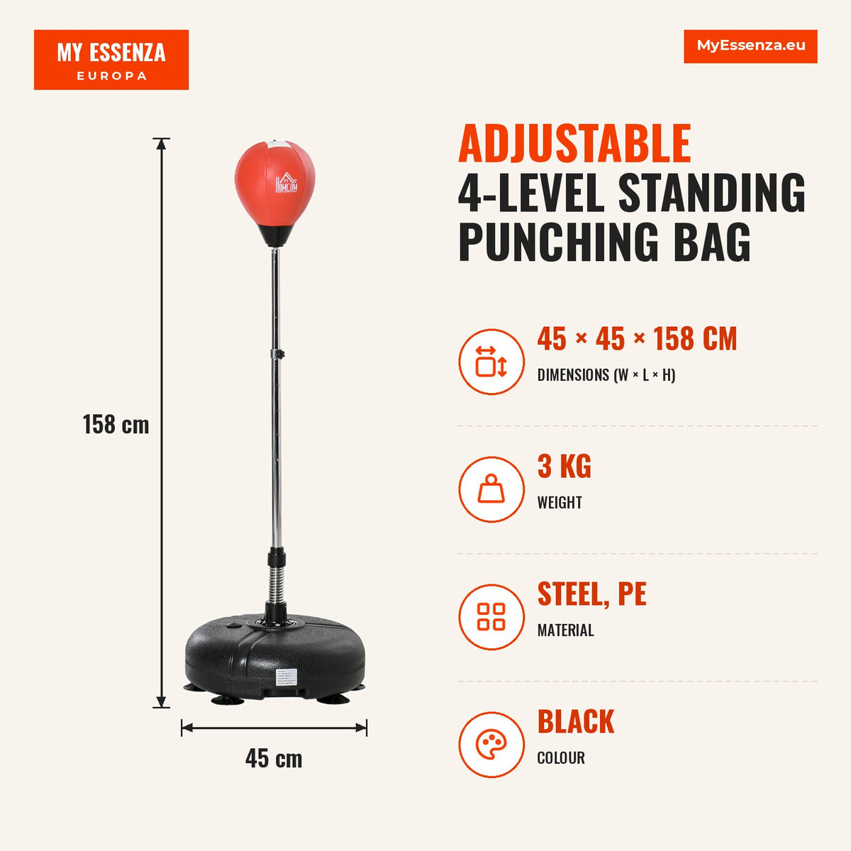 Adjustable 4-Level Standing Punching Bag Ø45x132-158cm Black and Red HOMCOM — Infografia EN (medidas)