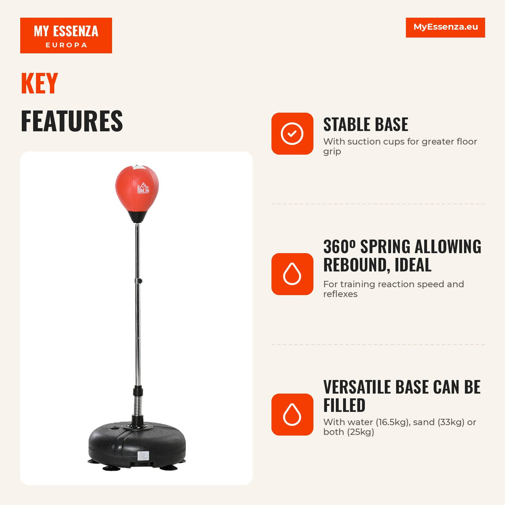Adjustable 4-Level Standing Punching Bag Ø45x132-158cm Black and Red HOMCOM — Infografia EN (vantagens)