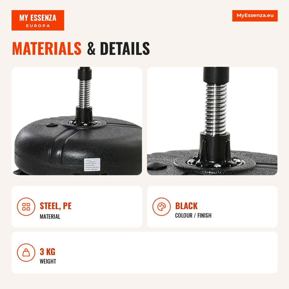 Adjustable 4-Level Standing Punching Bag Ø45x132-158cm Black and Red HOMCOM — Infografia EN (materiais e detalhes)