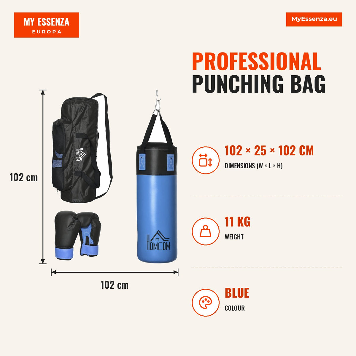 Professional Punching Bag with 8 oz Gloves, Hook and Storage Bag Ø25x102 cm Blue — Infografia EN (medidas)