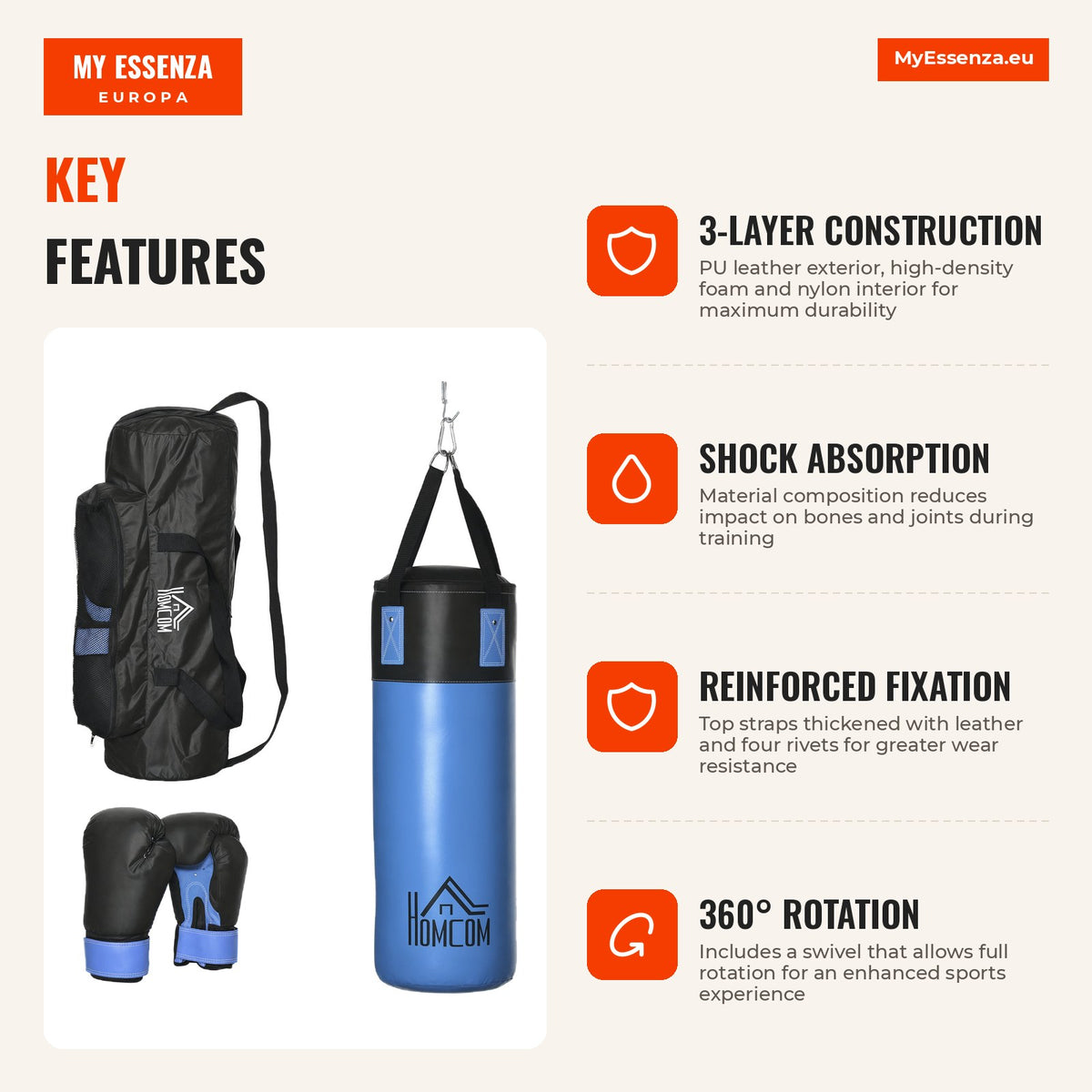 Professional Punching Bag with 8 oz Gloves, Hook and Storage Bag Ø25x102 cm Blue — Infografia EN (vantagens)