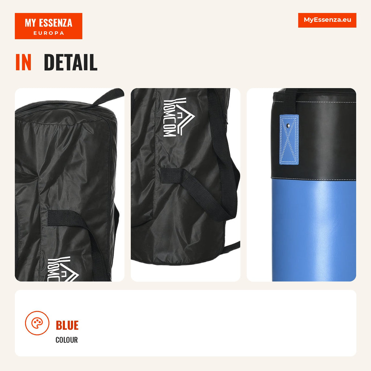 Professional Punching Bag with 8 oz Gloves, Hook and Storage Bag Ø25x102 cm Blue — Infografia EN (detalhe)
