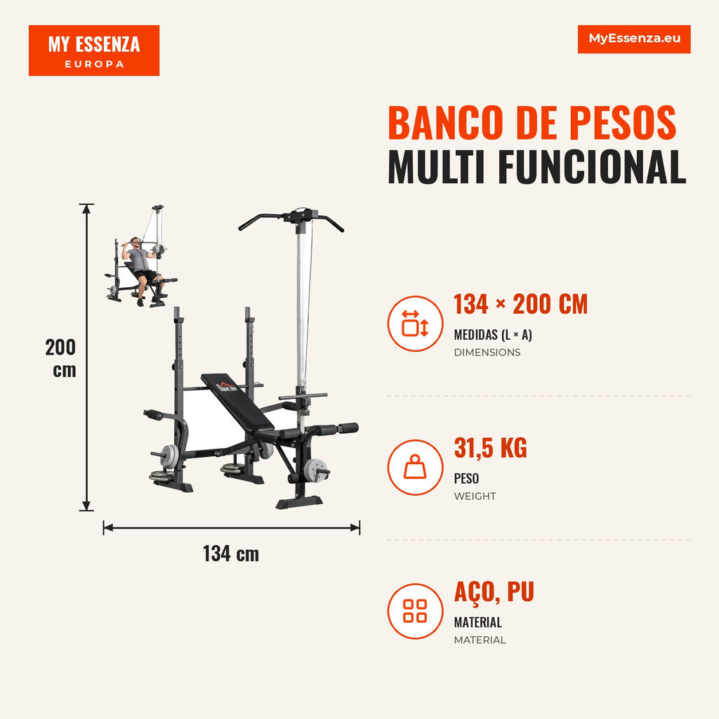 Multi-functional Weight Bench Adjustable 6 Positions Full Body Workout Gym Home 150kg 180x134x200cm Silver and Black — Infografia PT (medidas)