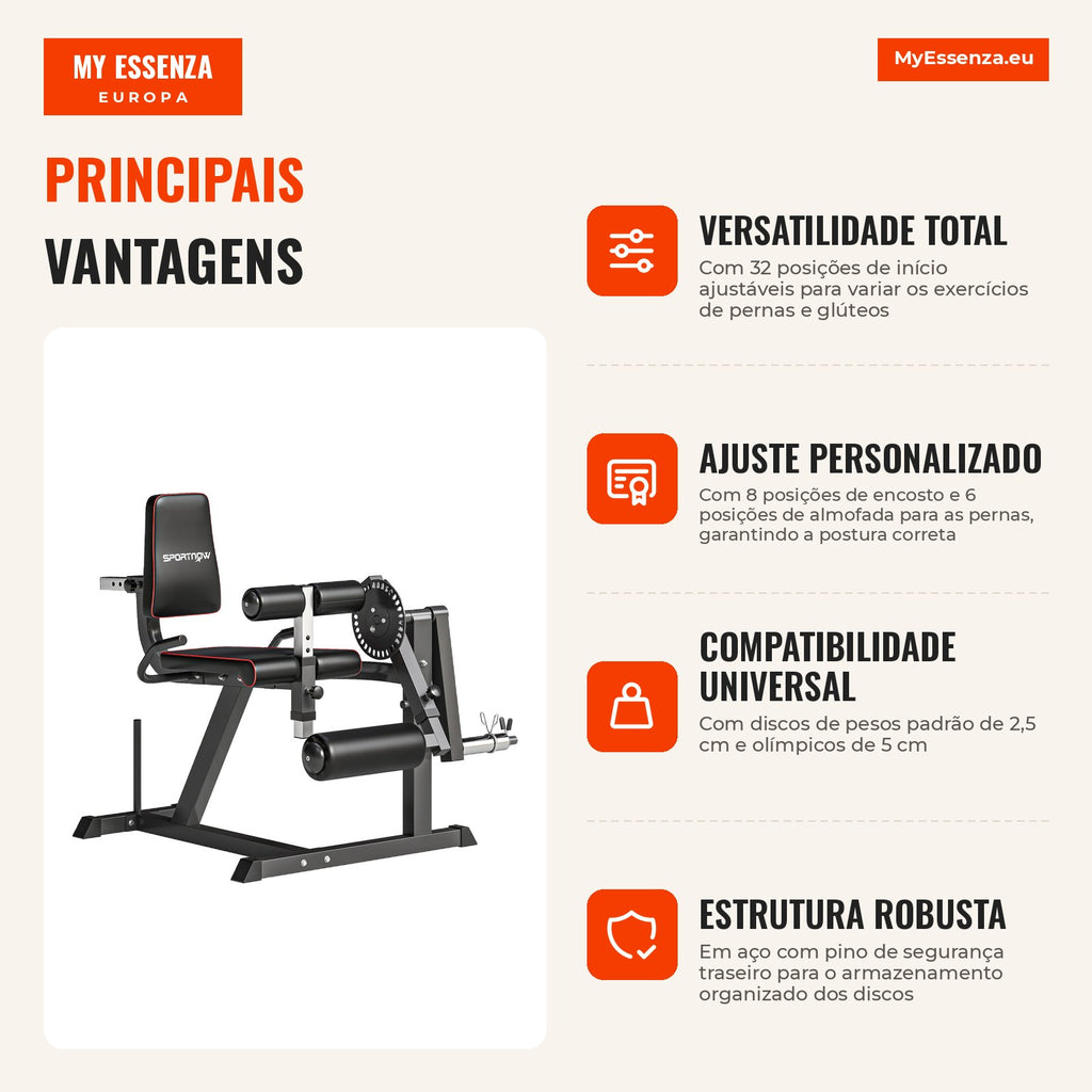 Adjustable Leg Extension and Curl Machine with Plate Load for Glutes, Thighs and Calves — Infografia PT (vantagens)
