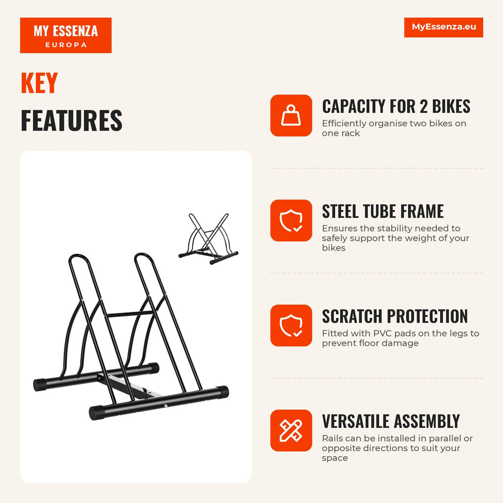 2 Bike Rack Indoor Outdoor Stable Easy Assembly Portable Anti-Slip Steel Tube 60x54x57cm Black — Infografia EN (vantagens)