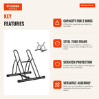 2 Bike Rack Indoor Outdoor Stable Easy Assembly Portable Anti-Slip Steel Tube 60x54x57cm Black — Infografia EN (vantagens)