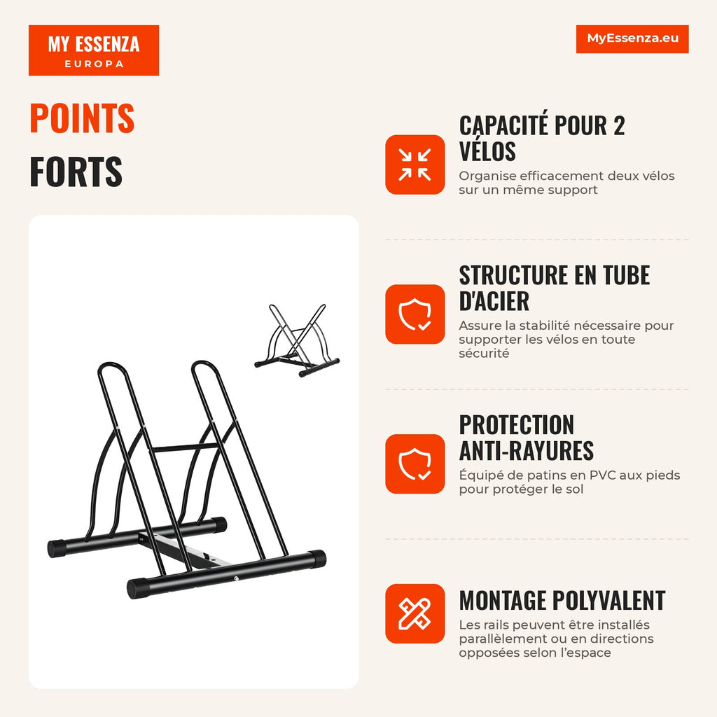 2 Bike Rack Indoor Outdoor Stable Easy Assembly Portable Anti-Slip Steel Tube 60x54x57cm Black — Infografia FR (vantagens)