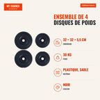 Set of 4 weight plates 5 kg and 10 kg with Ø25 mm hole for strength training HOMCOM — Infografia FR (medidas)