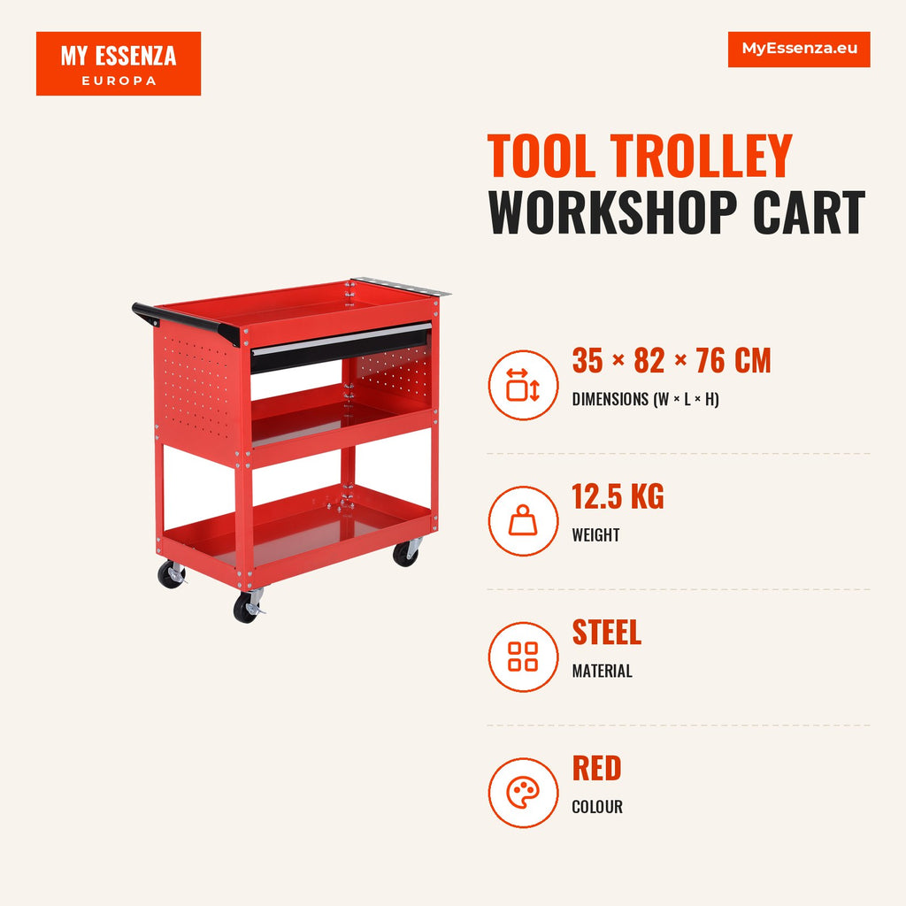 Tool Trolley Workshop Cart with 3 Trays and Drawer Red 82x35x76 cm — Infografia EN (medidas)