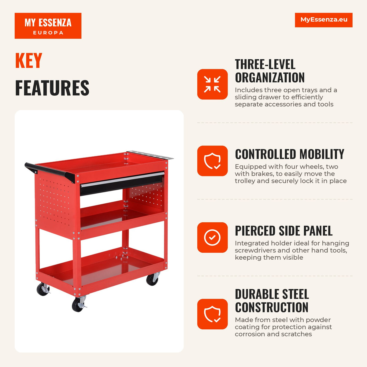 Tool Trolley Workshop Cart with 3 Trays and Drawer Red 82x35x76 cm — Infografia EN (vantagens)