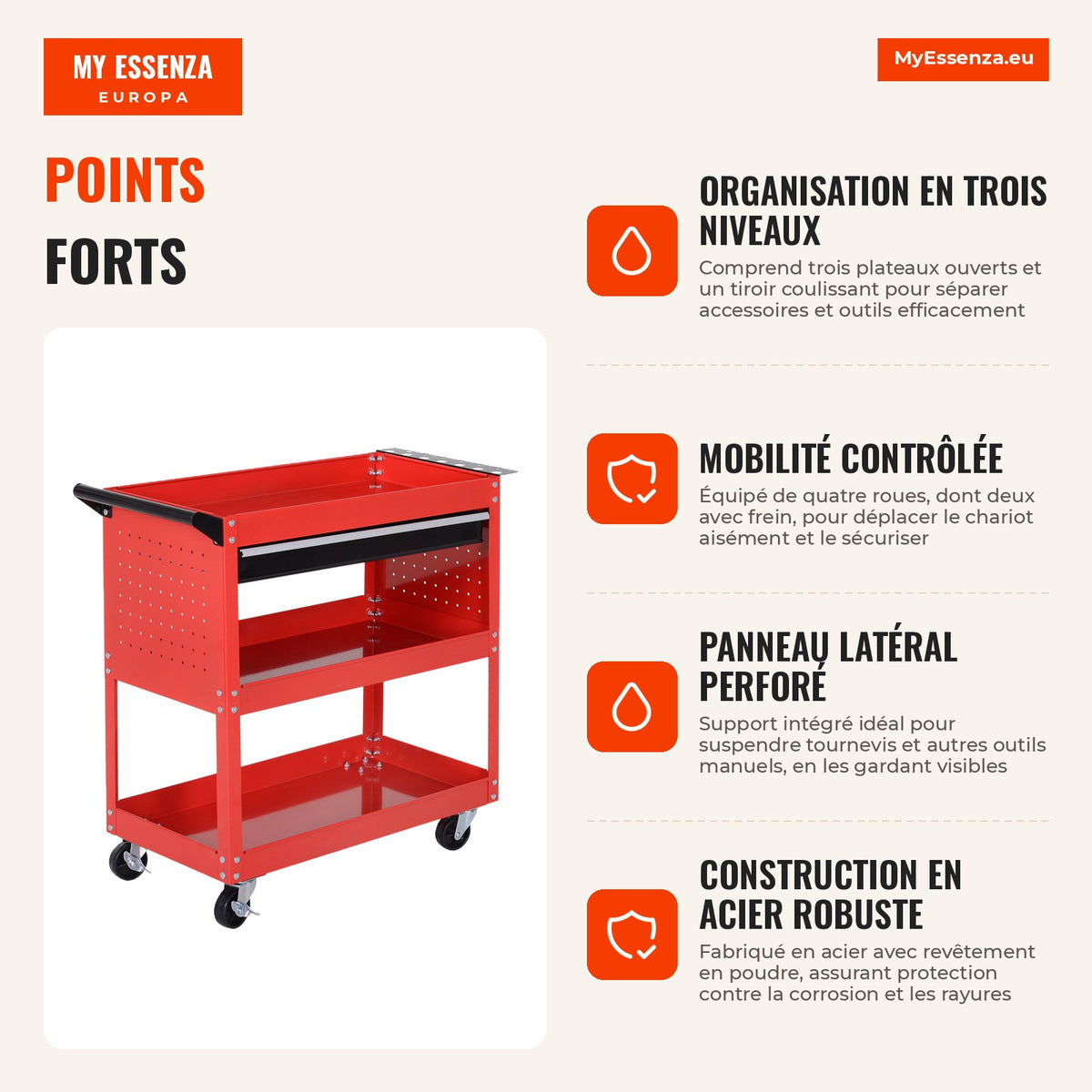 Tool Trolley Workshop Cart with 3 Trays and Drawer Red 82x35x76 cm — Infografia FR (vantagens)