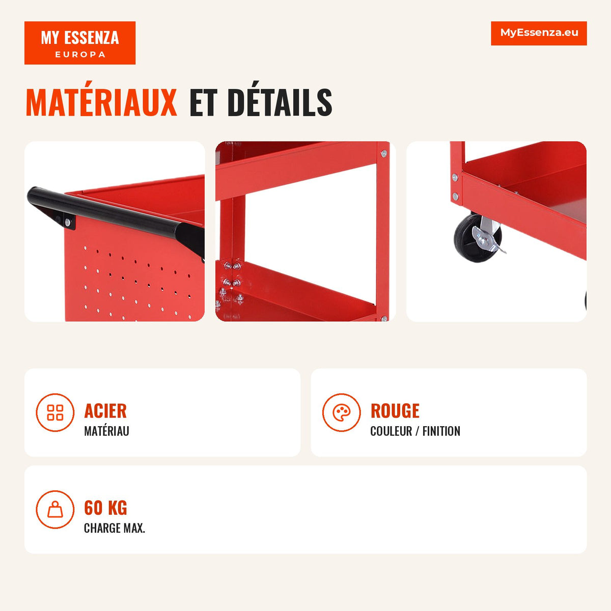 Tool Trolley Workshop Cart with 3 Trays and Drawer Red 82x35x76 cm — Infografia FR (materiais e detalhes)