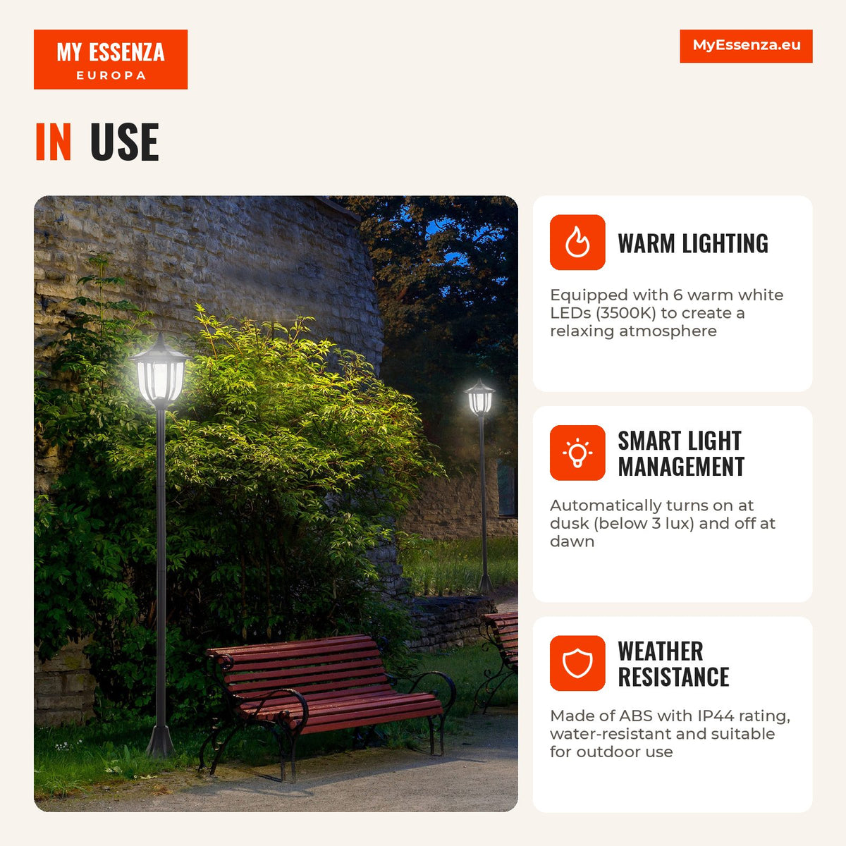 Solar Lamp with Solar Panel Garden Lamp with 6 LEDs 6-8 Hour Autonomy Ø26x177 cm Black — Infografia EN (em utilização)