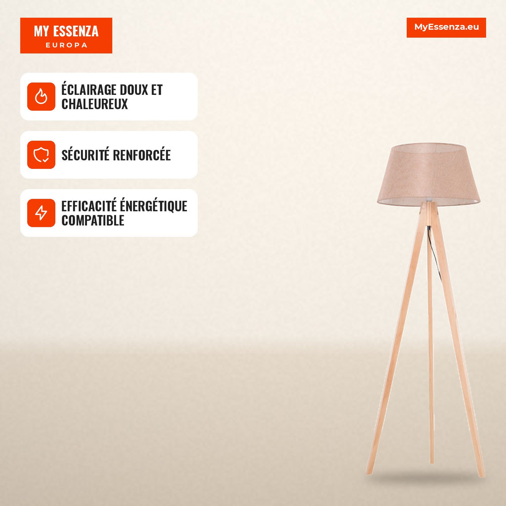 Modern Tripod Floor Lamp for Bedroom, Study and Living Room with Stainless Steel Base and Beige Linen Shade 146 cm — Infografia FR (em uso)