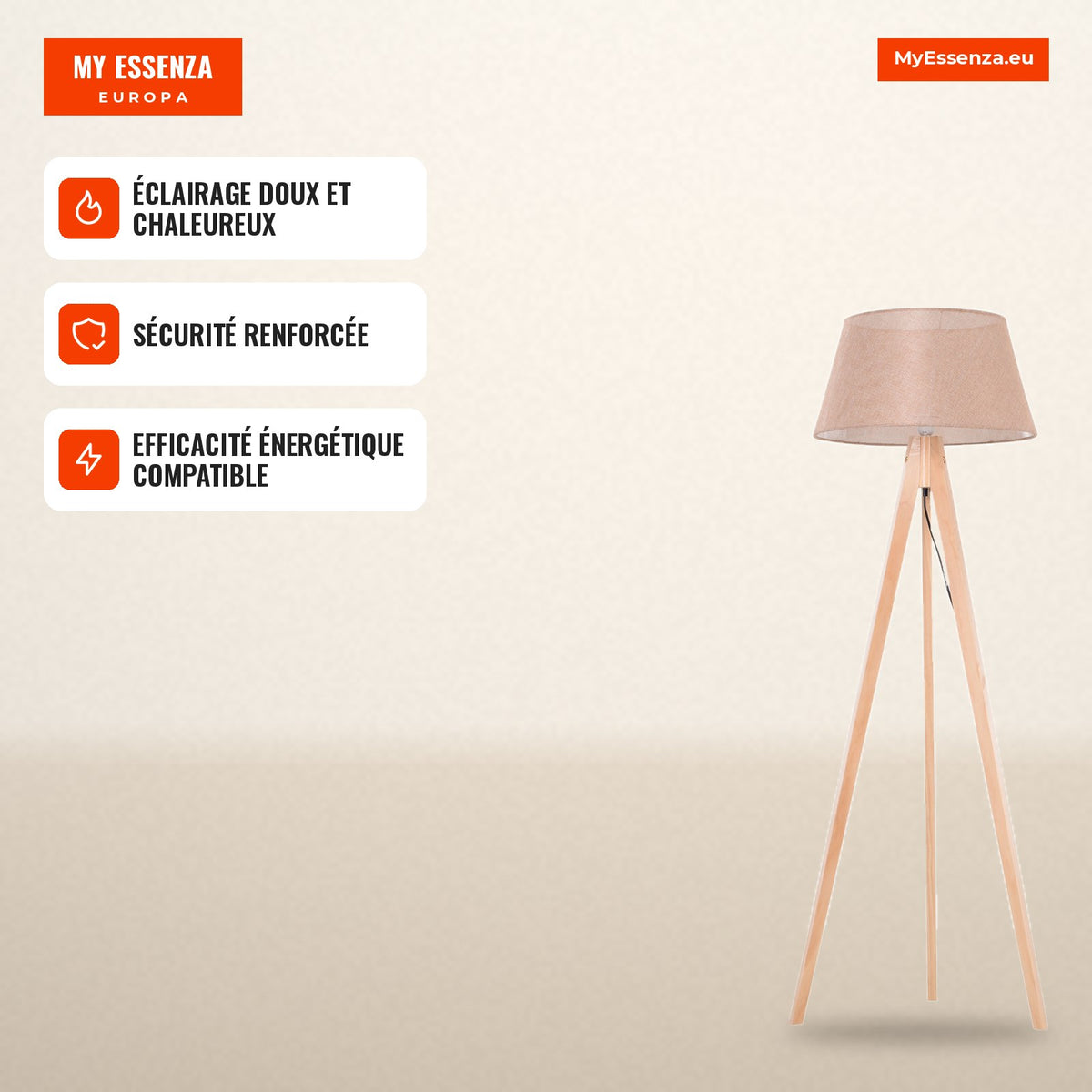 Modern Tripod Floor Lamp for Bedroom, Study and Living Room with Stainless Steel Base and Beige Linen Shade 146 cm — Infografia FR (em uso)