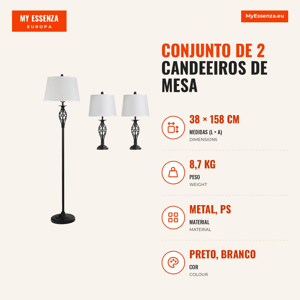 Set of 2 Table Lamps and Floor Lamp with Fabric Shade E27 Max 40W IP20 Foot Switch Lamps for Living Room Bedroom Ø38x158 — Infografia PT (medidas)