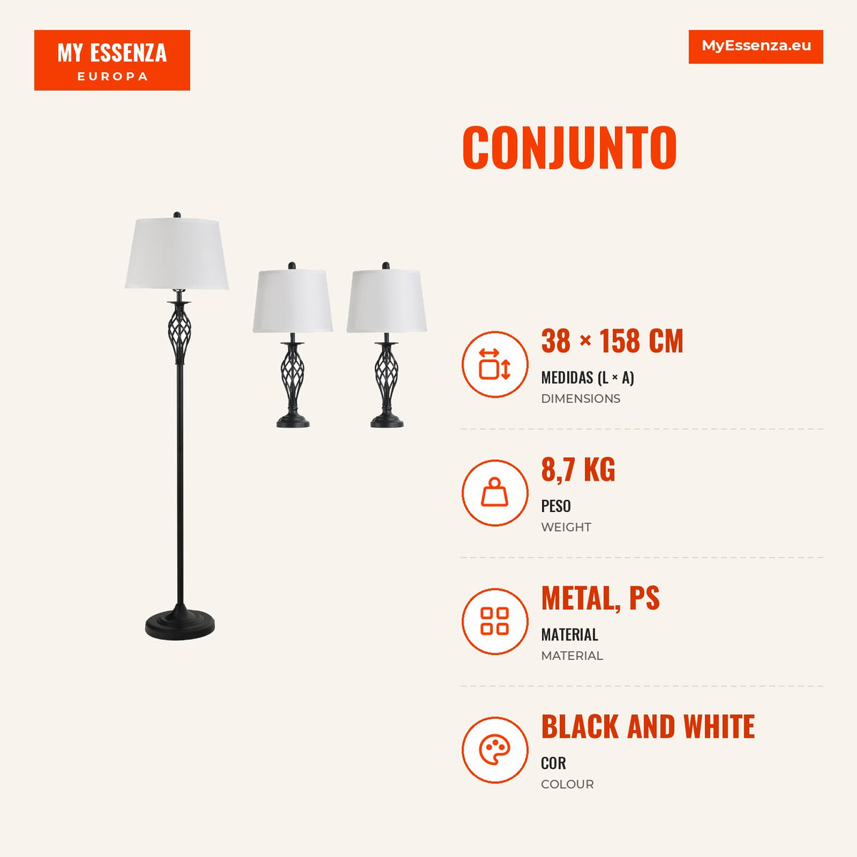 Set of 2 Table Lamps and Floor Lamp with Fabric Shade E27 Max 40W IP20 Foot Switch Lamps for Living Room Bedroom Ø38x158 — Infografia PT (medidas)