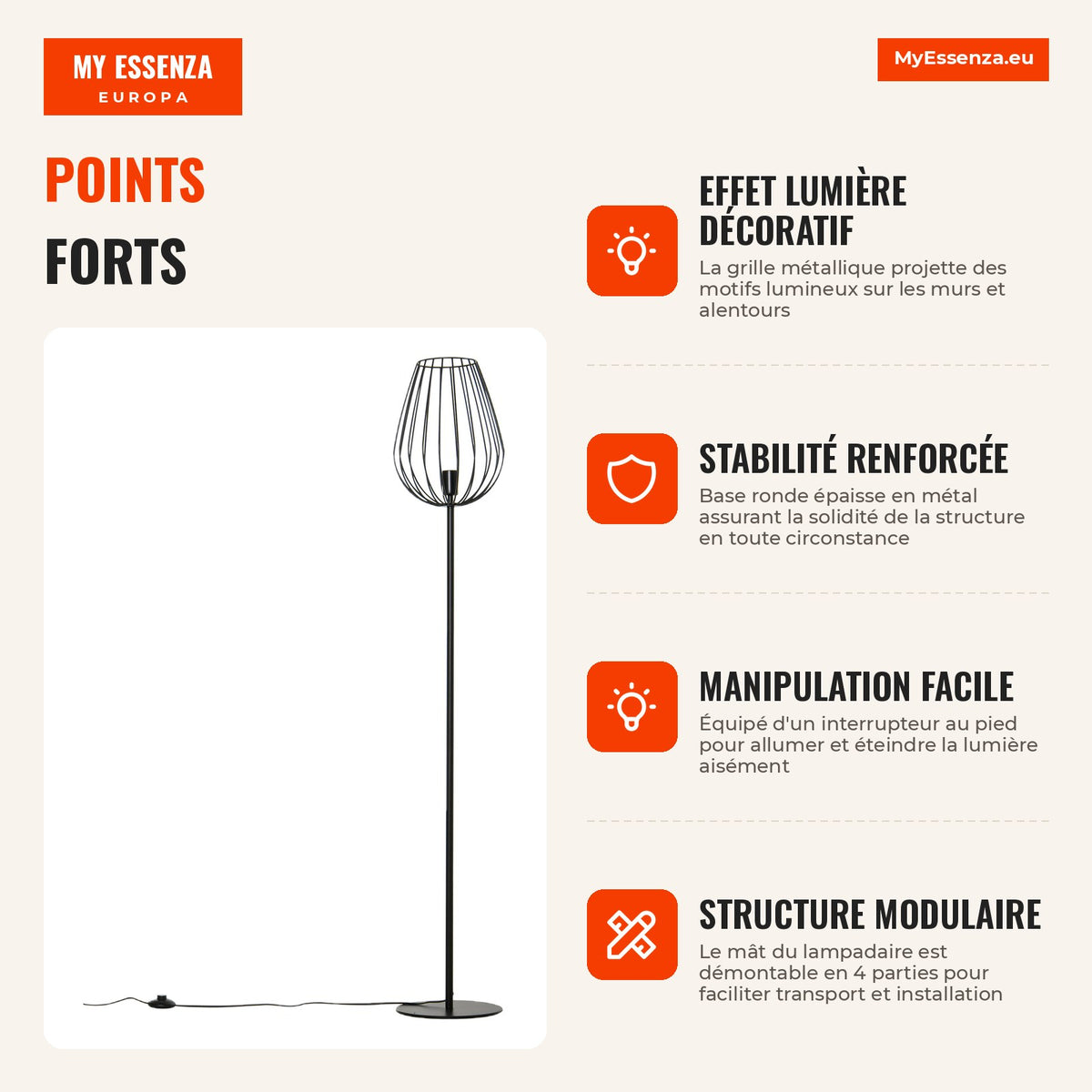 Modern Metal Base Floor Lamp with Foot Switch Ф27.5x159 cm Black — Infografia FR (vantagens)