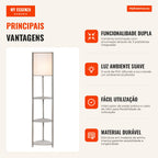 Wooden Floor Lamp with 3 Shelves PVC Shade Pedal Switch Modern Style for Bedroom Living Room Studio 32x32x150cm Grey Oak — Infografia PT (vantagens)