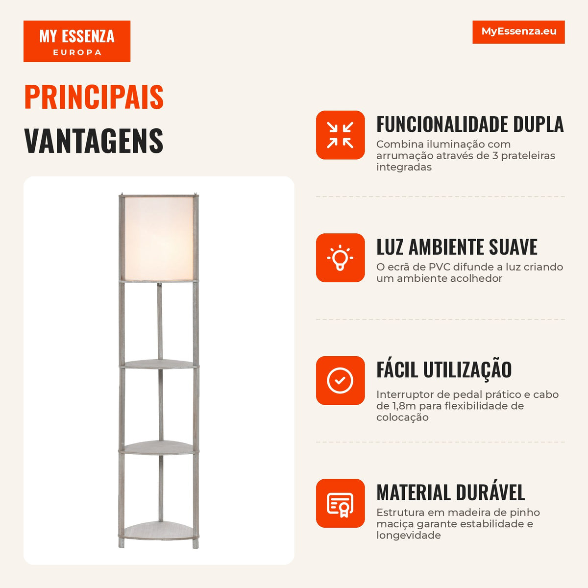 Wooden Floor Lamp with 3 Shelves PVC Shade Pedal Switch Modern Style for Bedroom Living Room Studio 32x32x150cm Grey Oak — Infografia PT (vantagens)
