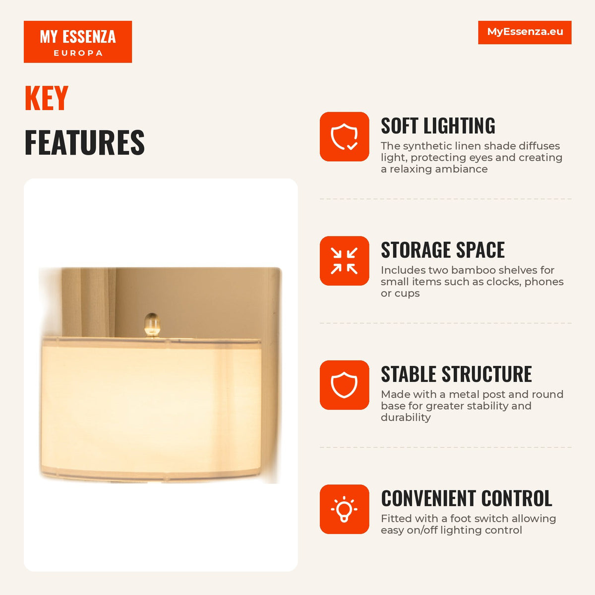 Lampadaire avec Étagères Lampadaire Moderne Ampoule E27 Max. 40W Abat-jour en Lin et Interrupteur au Pied pour Salon Cha — Infografia EN (vantagens)
