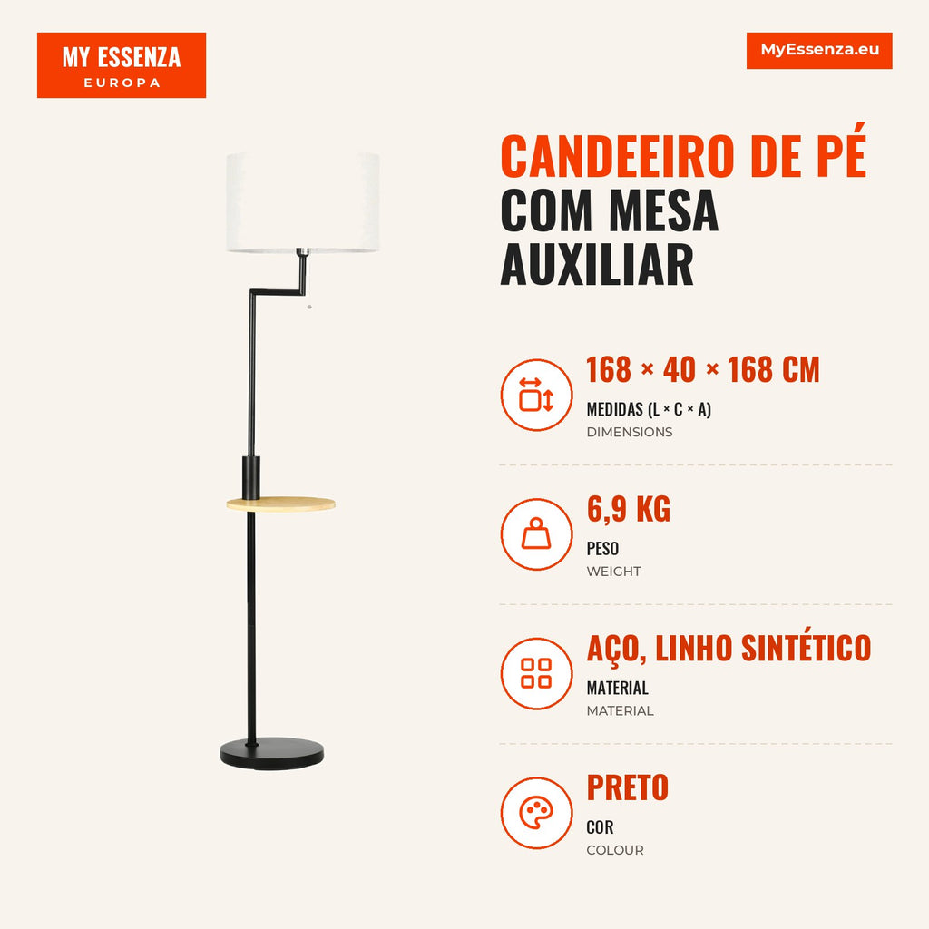 Floor Lamp with Side Table, Lamp with Shelf, E27 Bulb Max 40W, Linen Shade, Power Switch and USB Charger for Living Room — Infografia PT (medidas)