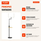 Floor Lamp with Side Table, Lamp with Shelf, E27 Bulb Max 40W, Linen Shade, Power Switch and USB Charger for Living Room — Infografia PT (vantagens)