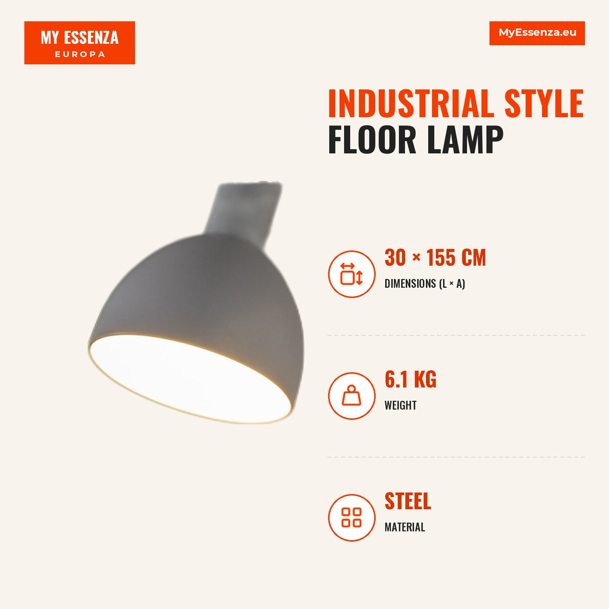 Lampadaire Style Industriel Ampoule E27 Max 40W Lampadaire avec Mât Flexible Abat-jour Orientable 90° pour Chambre Burea — Infografia EN (medidas)