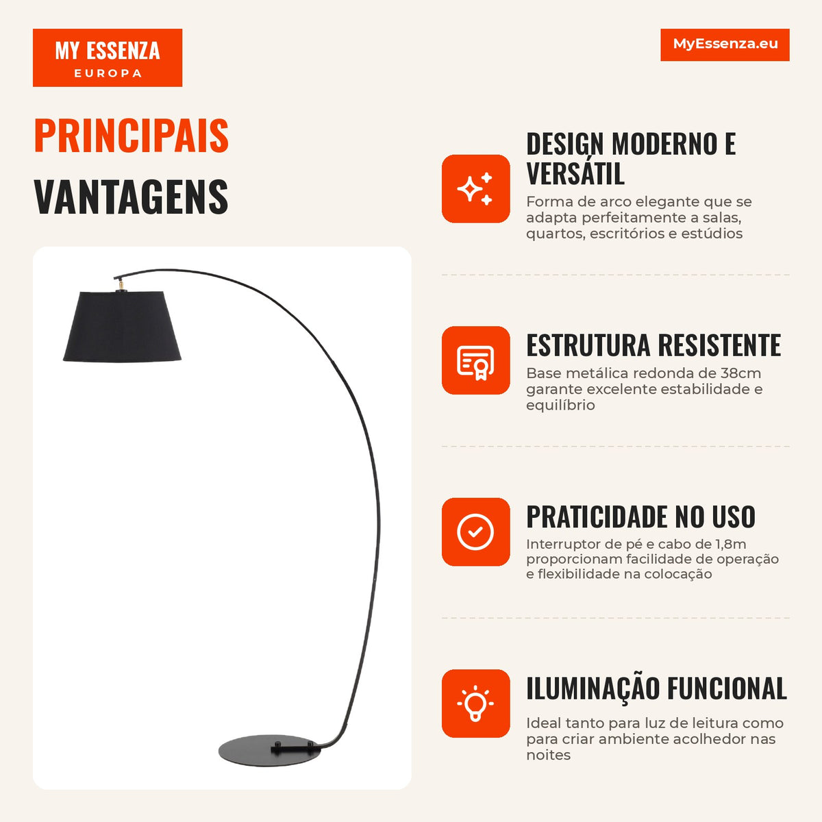 Modern Arch Floor Lamp with Suspended Fabric Shade E27 Max. 40W Bulb Holder for Living Room Bedrooms Studio 100x43x177cm — Infografia PT (vantagens)