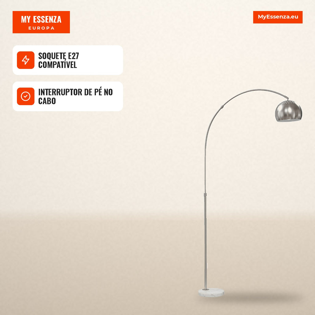 Lâmpada de Pé Design Arqueado com Base de Mármore 167 cm Prata — Infografia PT (em uso)