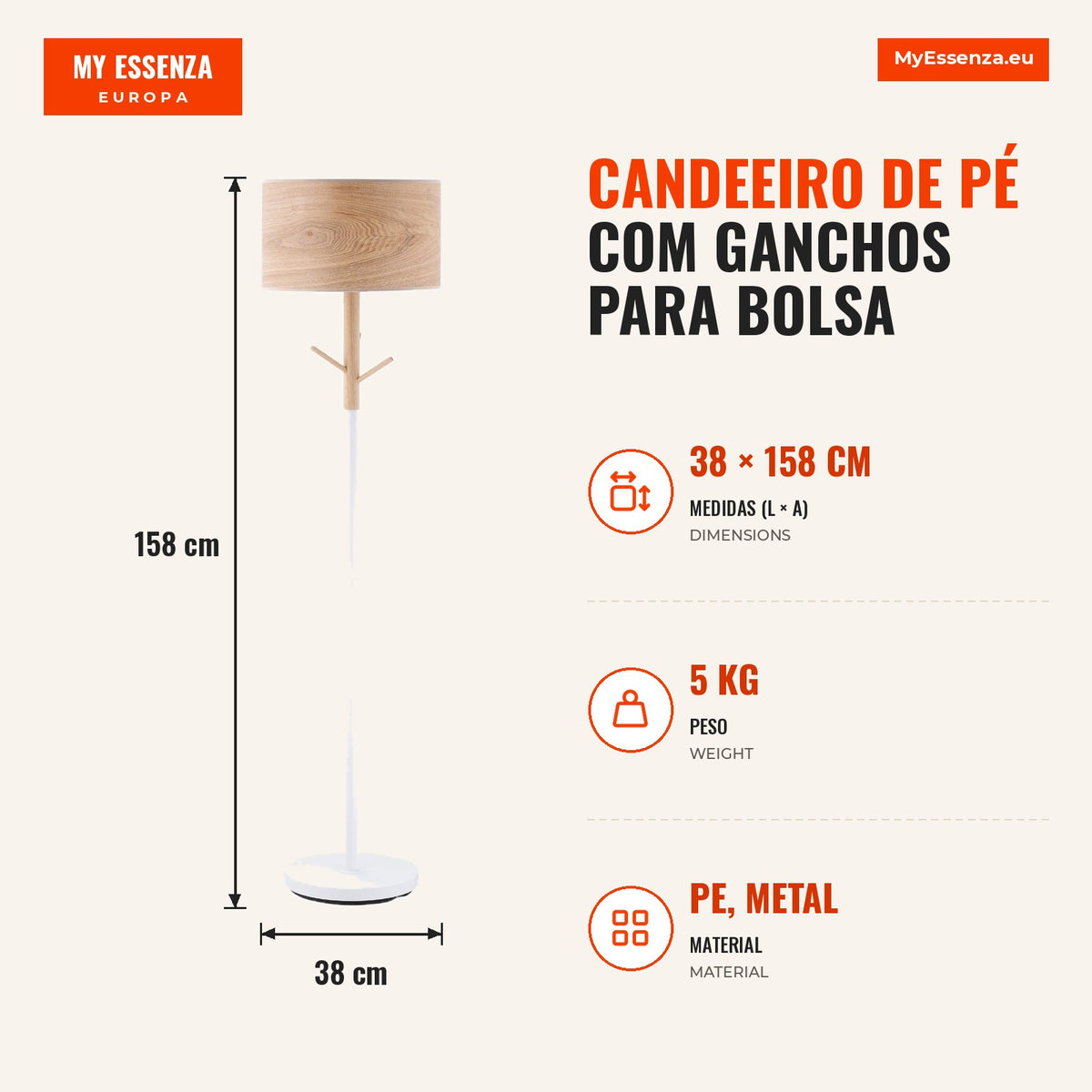 Floor Lamp with Hooks for Bags Hats PE Shade E27 Bulb Holder Max 40W Foot Switch Modern for Living Room Bedroom Ø38x158c — Infografia PT (medidas)