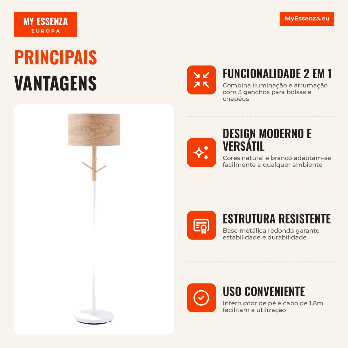 Floor Lamp with Hooks for Bags Hats PE Shade E27 Bulb Holder Max 40W Foot Switch Modern for Living Room Bedroom Ø38x158c — Infografia PT (vantagens)