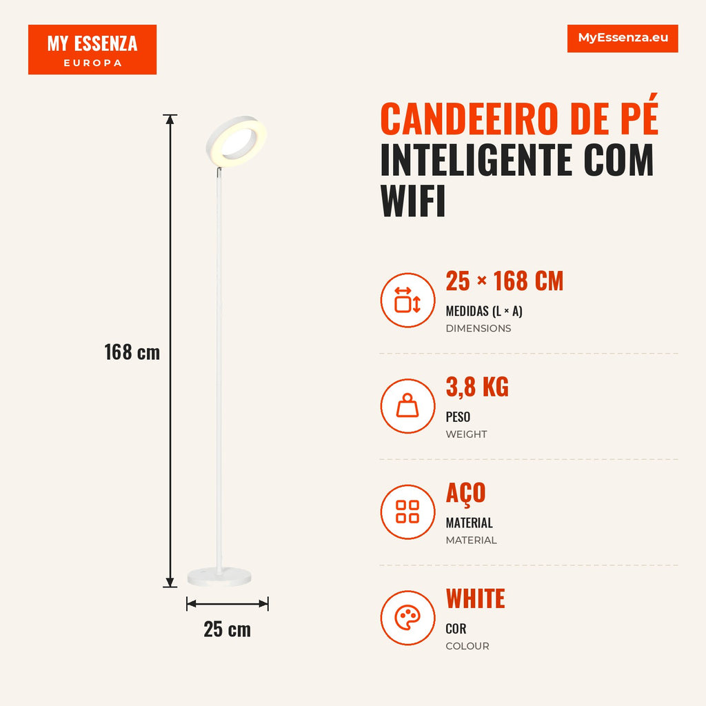 Smart WiFi Floor Lamp Modern LED Adjustable RGBCW Works with Alexa Google Assistant 350° Rotatable Screen for Living Roo — Infografia PT (medidas)