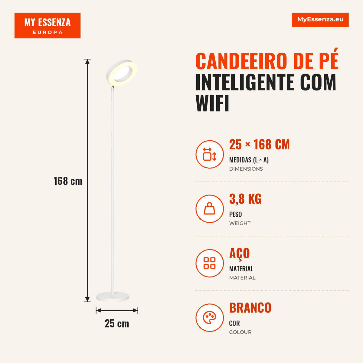 Smart WiFi Floor Lamp Modern LED Adjustable RGBCW Works with Alexa Google Assistant 350° Rotatable Screen for Living Roo — Infografia PT (medidas)
