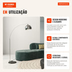 Candeeiro de Pé em Forma de Arco com Altura e Comprimento Ajustáveis Candeeiro de Leitura para Lâmpadas E27 Potência Máx — Infografia PT (em utilização)