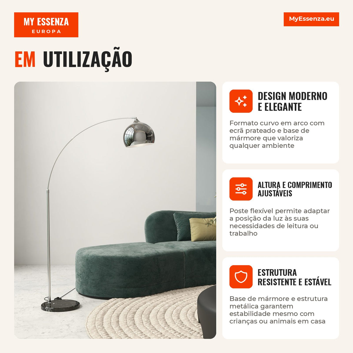 Candeeiro de Pé em Forma de Arco com Altura e Comprimento Ajustáveis Candeeiro de Leitura para Lâmpadas E27 Potência Máx — Infografia PT (em utilização)