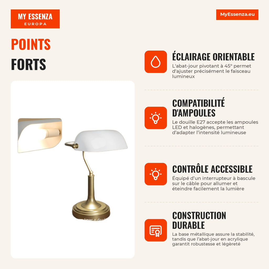 Lampe de Bureau Banquier Vintage E27 avec Abat-jour Orientable 45° Interrupteur à Bascule pour Maison Bureau Bibliothèqu — Infografia FR (vantagens)