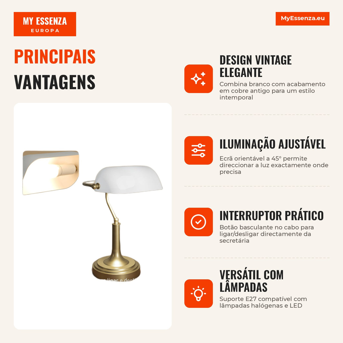 Lampe de Bureau Banquier Vintage E27 avec Abat-jour Orientable 45° Interrupteur à Bascule pour Maison Bureau Bibliothèqu — Infografia PT (vantagens)