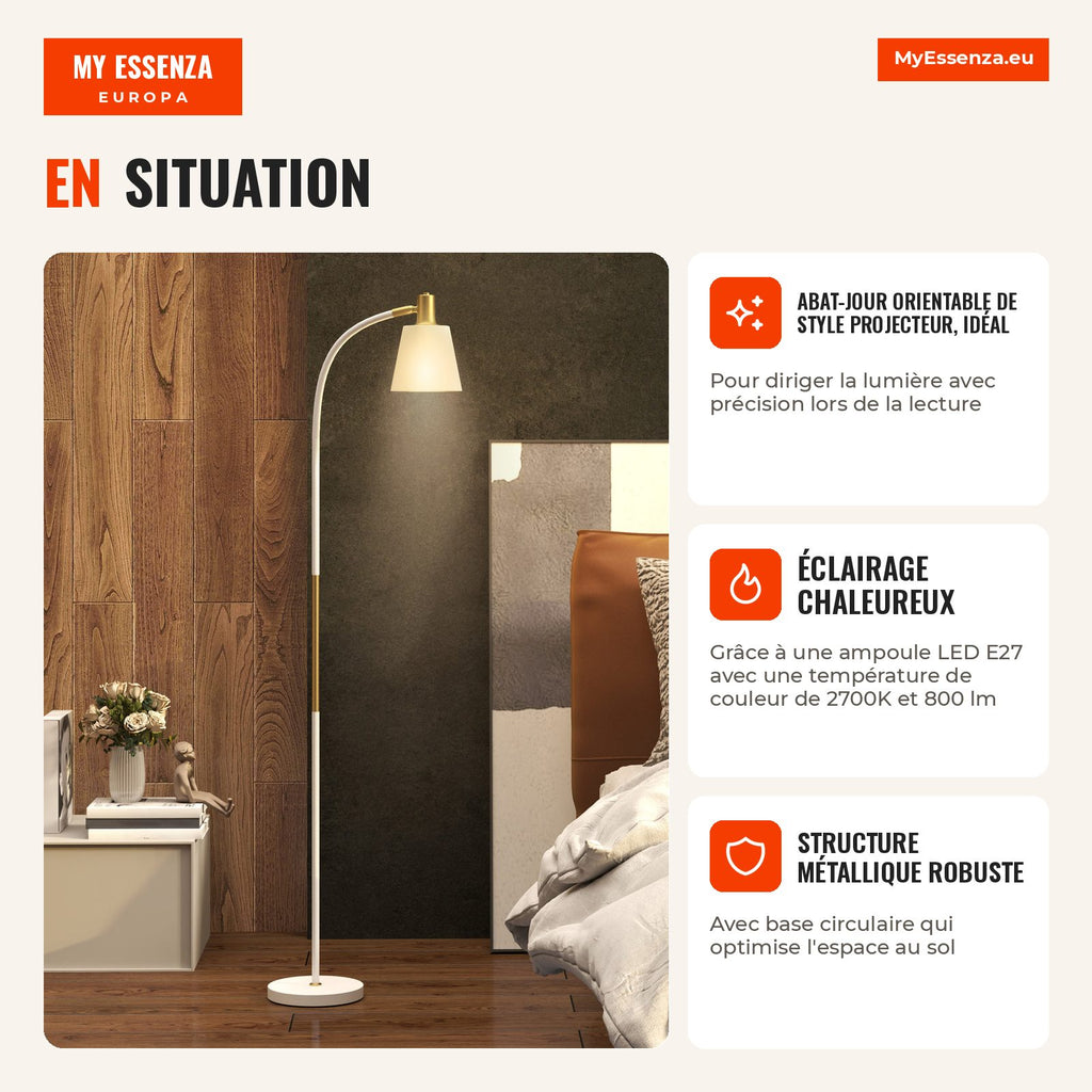 LED Floor Lamp for Living Room with Adjustable Height and Tiltable Shade 49x21x127-160 cm White and Gold HOMCOM — Infografia FR (em utilização)