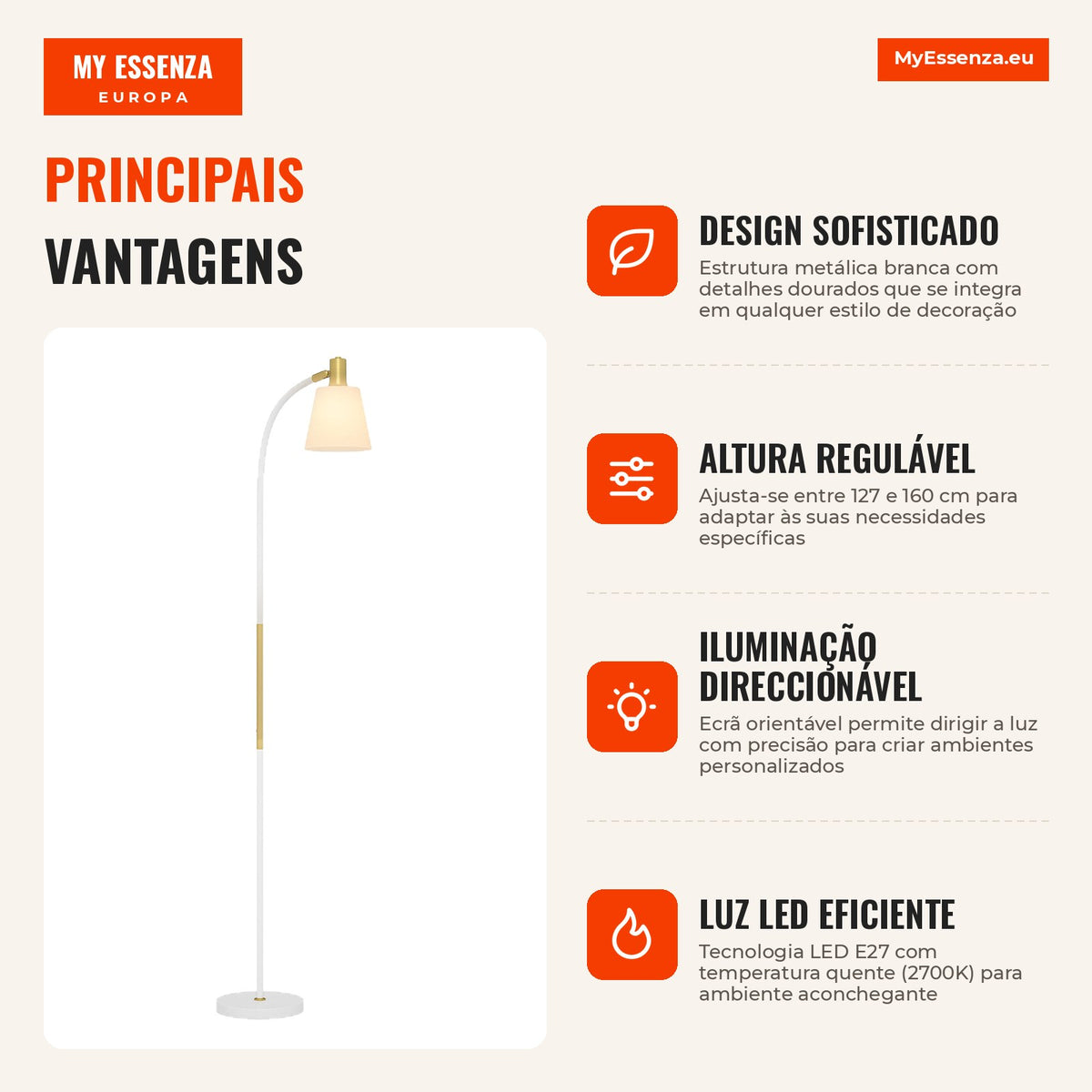 LED Floor Lamp for Living Room with Adjustable Height and Tiltable Shade 49x21x127-160 cm White and Gold HOMCOM — Infografia PT (vantagens)
